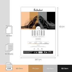 Scholar Quatro Loose Sheets Mix Toned Paper A/4 (160 GSM Beige, 160 GSM Grey, 170 GSM Kraft, 180 GSM Black) 20 Sheet Code QTL4